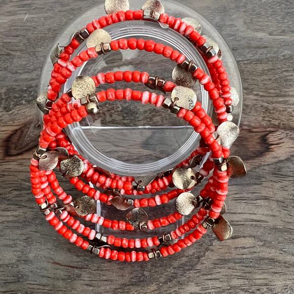 Coral tone bead and metallic medallion beachy summer wrap bracelet - Picture 2 of 6